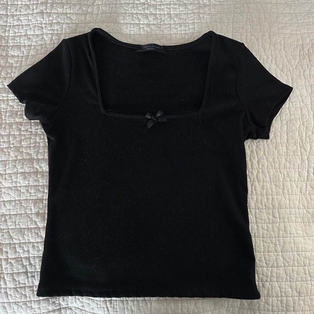 Urban Episode Black Ribbed Knit Square Neck Bow Top Short Sleeve